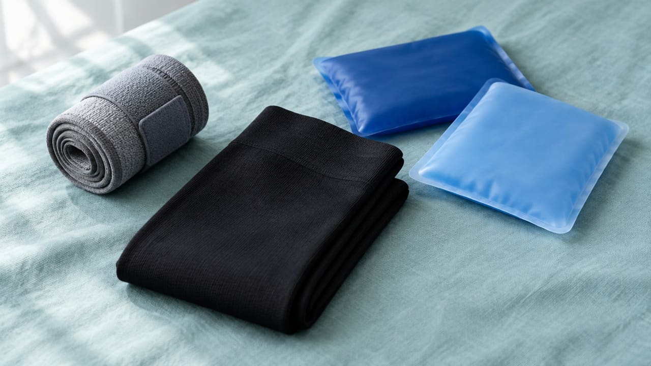 A rolled wrist wrap, folded support hose and two gel packs arranged on a pale teal cloth