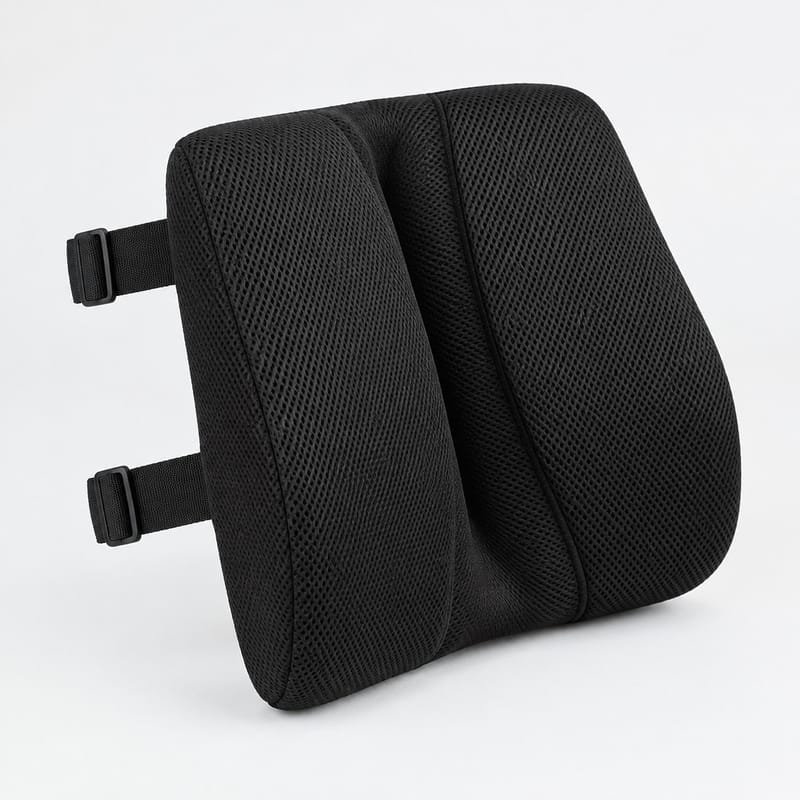 A black mesh-covered memory foam lumbar cushion with a central channel and two adjustment straps
