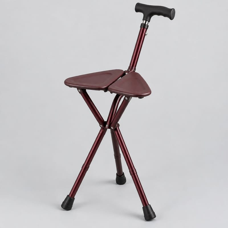 A burgundy aluminum cane with a folded three-panel seat shown open beside it