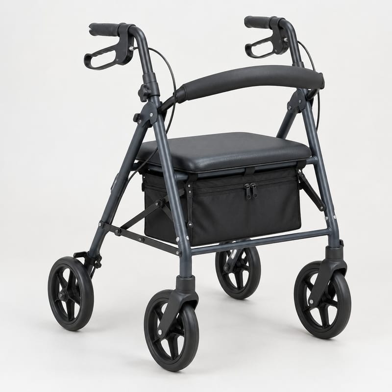 A folding slate-grey four-wheel walker with a padded seat, hand brakes and a zipped storage bag