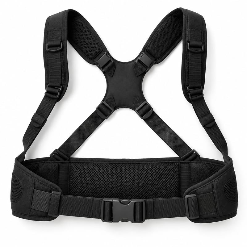 A black figure-eight shoulder harness with a waist belt, laid flat with its padded straps extended